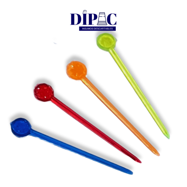 Pinchos de acrílico para copetín o espaditas Excelentes para picadas o mantener en su lugar los ingredientes de un sándwich. Viene en paquetitos de 1000 unidades y sus colores son surtidos.